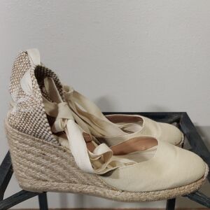 NWOB Women's Size 39 Castaner Carina Canvas Ankle-Wrap Wedge Sandals